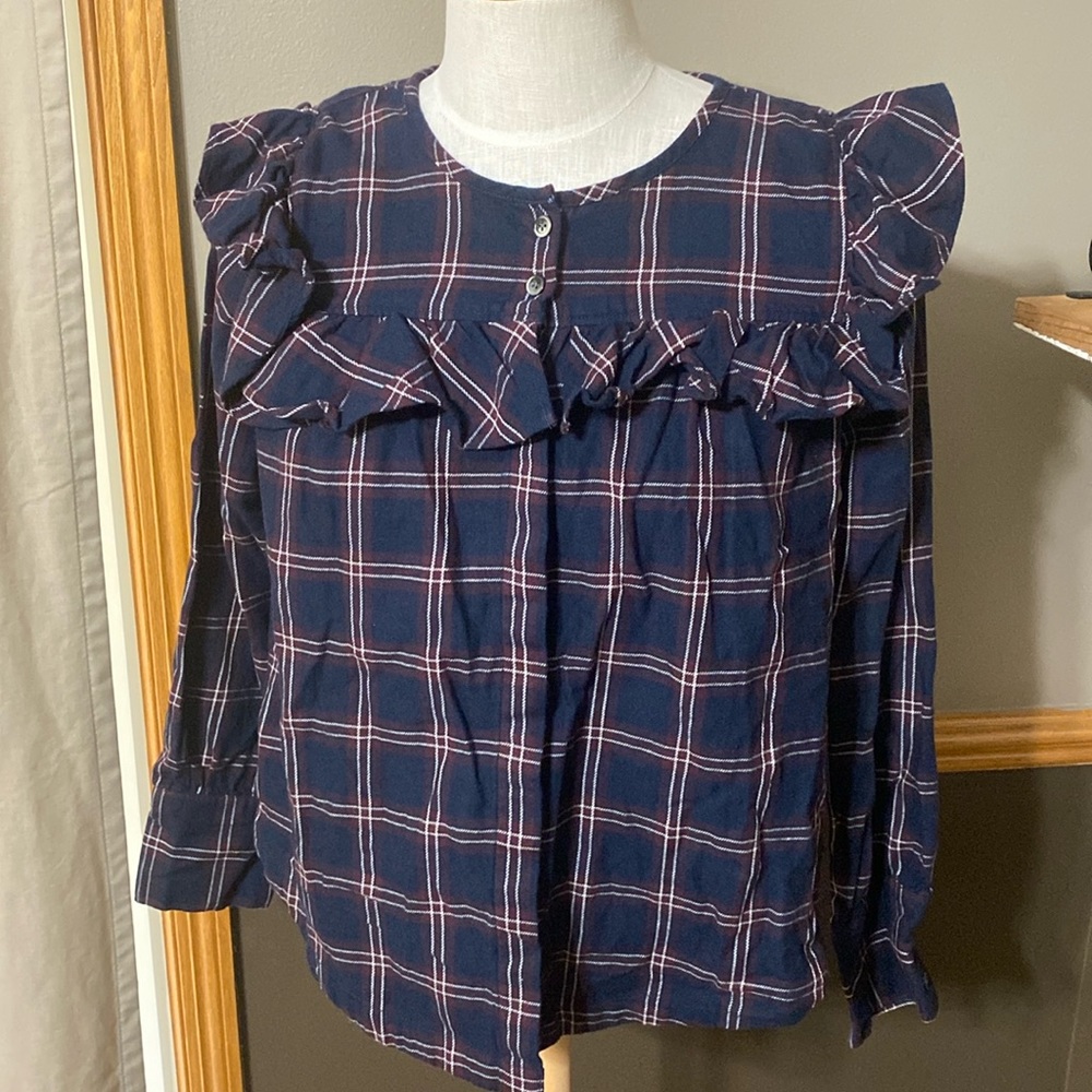 Madewell Plaid Ruffle Yoke Navy Blue, maroon & cream Peasant top size small
